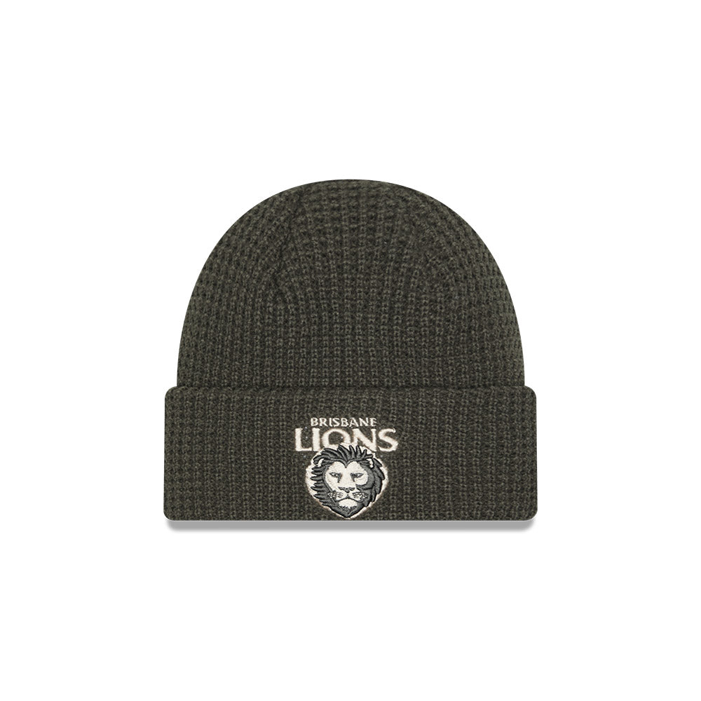 Brisbane Lions Beanie - 2025 AFL Dusty Charcoa Waffle Knit - New Era